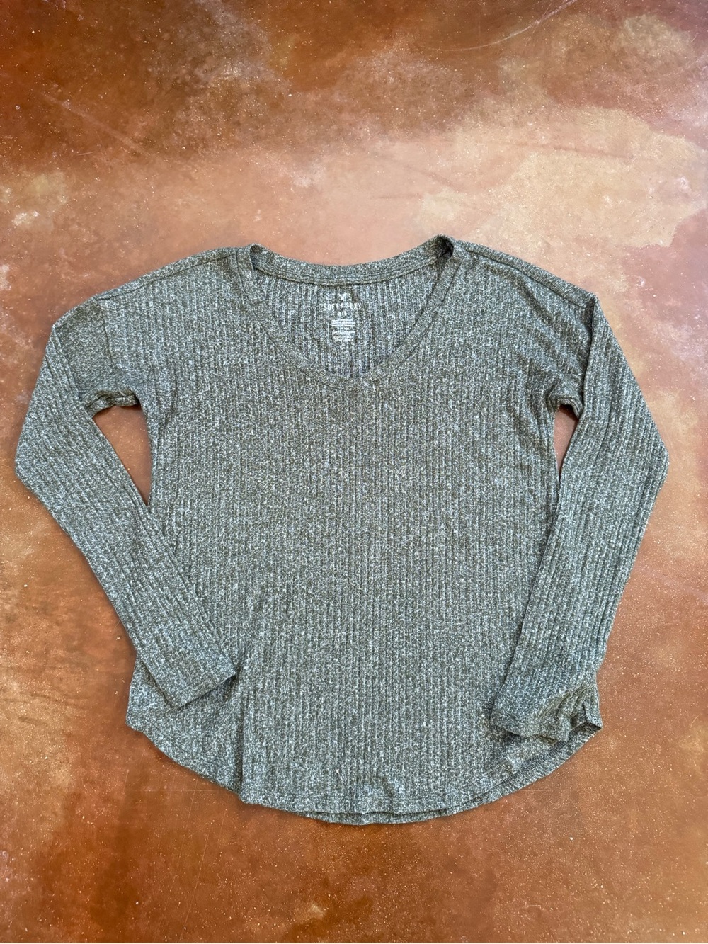 Women's Ribbed V-Neck Long Sleeve Top - Green Size Small